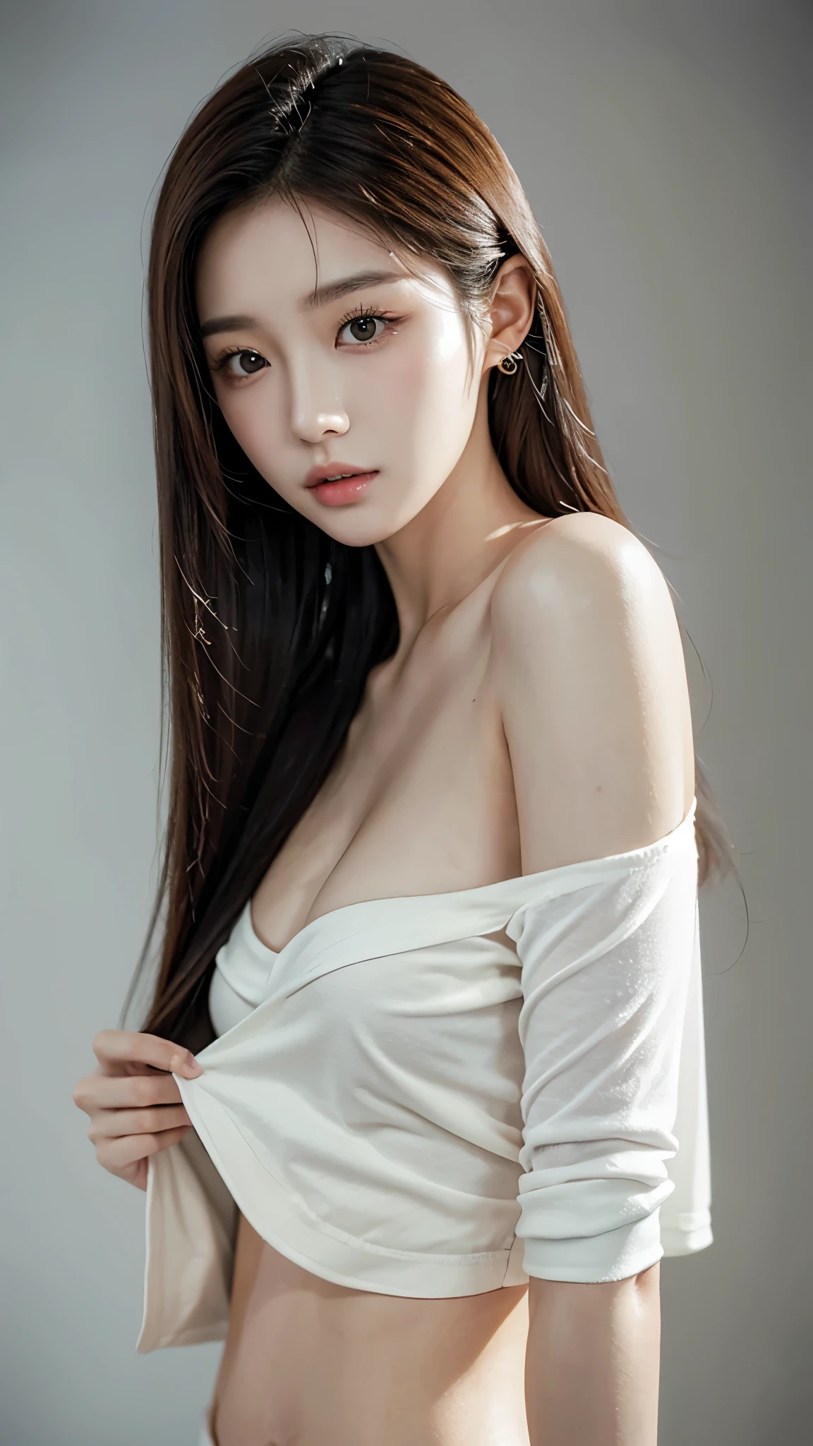 20 year old woman,korean beauty,kpop idol,big_chest,Perfect ,pure_split,calm tone,muted colors,high contrast,natural skin texture,surrealism,soft light,sharp,simple background,light brown hair,sexy costumes,undercut