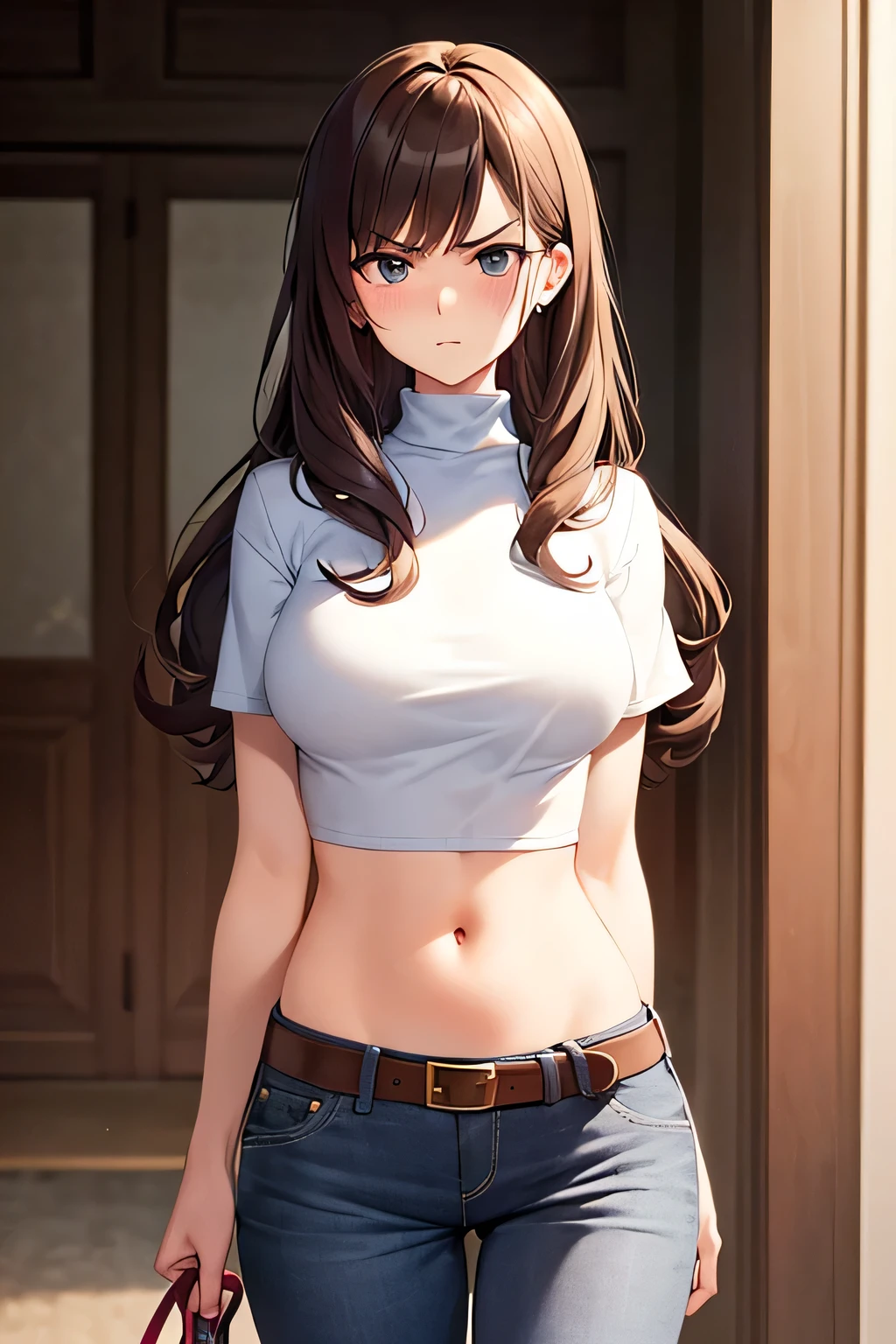 super fine illustration, vibrant colors, masterpiece, sharp focus, best quality, depth of field, cinematic lighting, ultra detailed, cropped shirt, turtleneck, short sleeves, long pants, belt, navel, belly button, tummy, 1 woman, solo, milf, very messy hair, slender, blush, annoyed, mature female, tall woman, looking down, v-shaped eyebrows, medium breasts, brown hair, stomach, carrying purse, very long hair, curly hair
