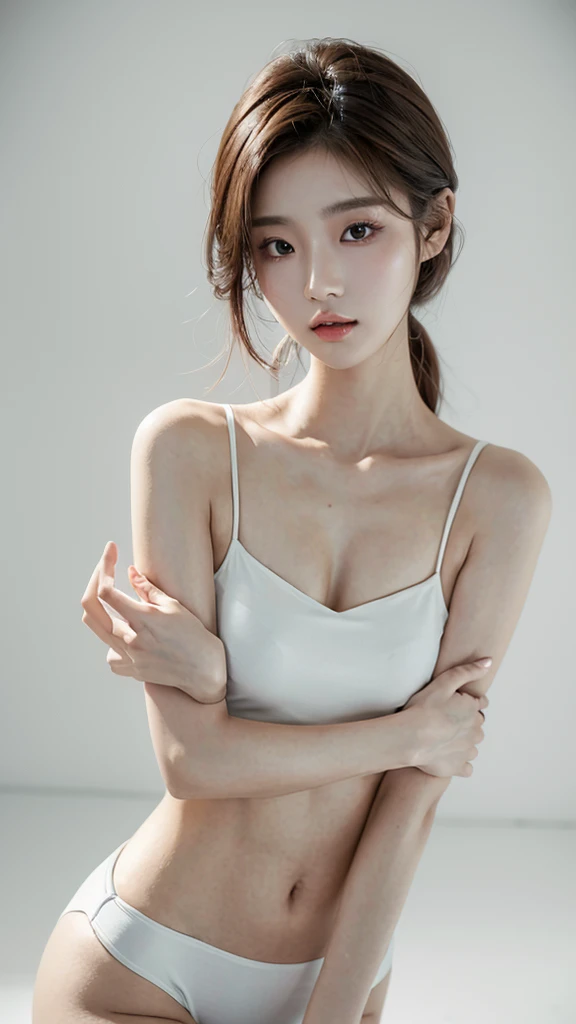 20 year old woman,korean beauty,kpop idol,big_chest,Perfect ,pure_split,calm tone,muted colors,high contrast,natural skin texture,surrealism,soft light,sharp,simple background,light brown hair,sexy costumes,undercut