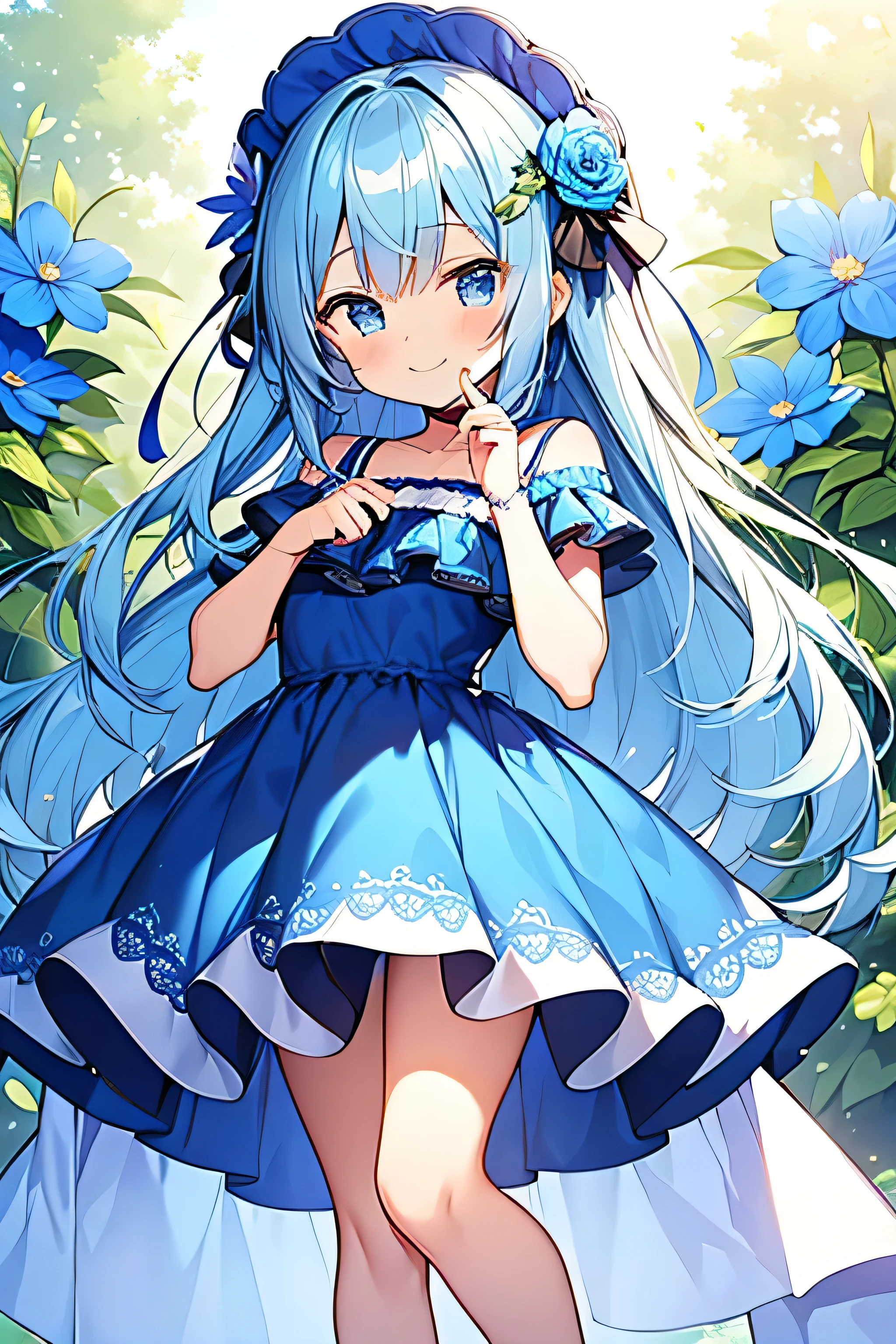 blue face,blue cat year,cute,chibi character,blue flower,Moe Anime,smile,Flower Field,standing,masterpiece,best quality,super fine illustration,super detailed,,chibi,perfect hands,perfect fingers,blue dress,blue flower park