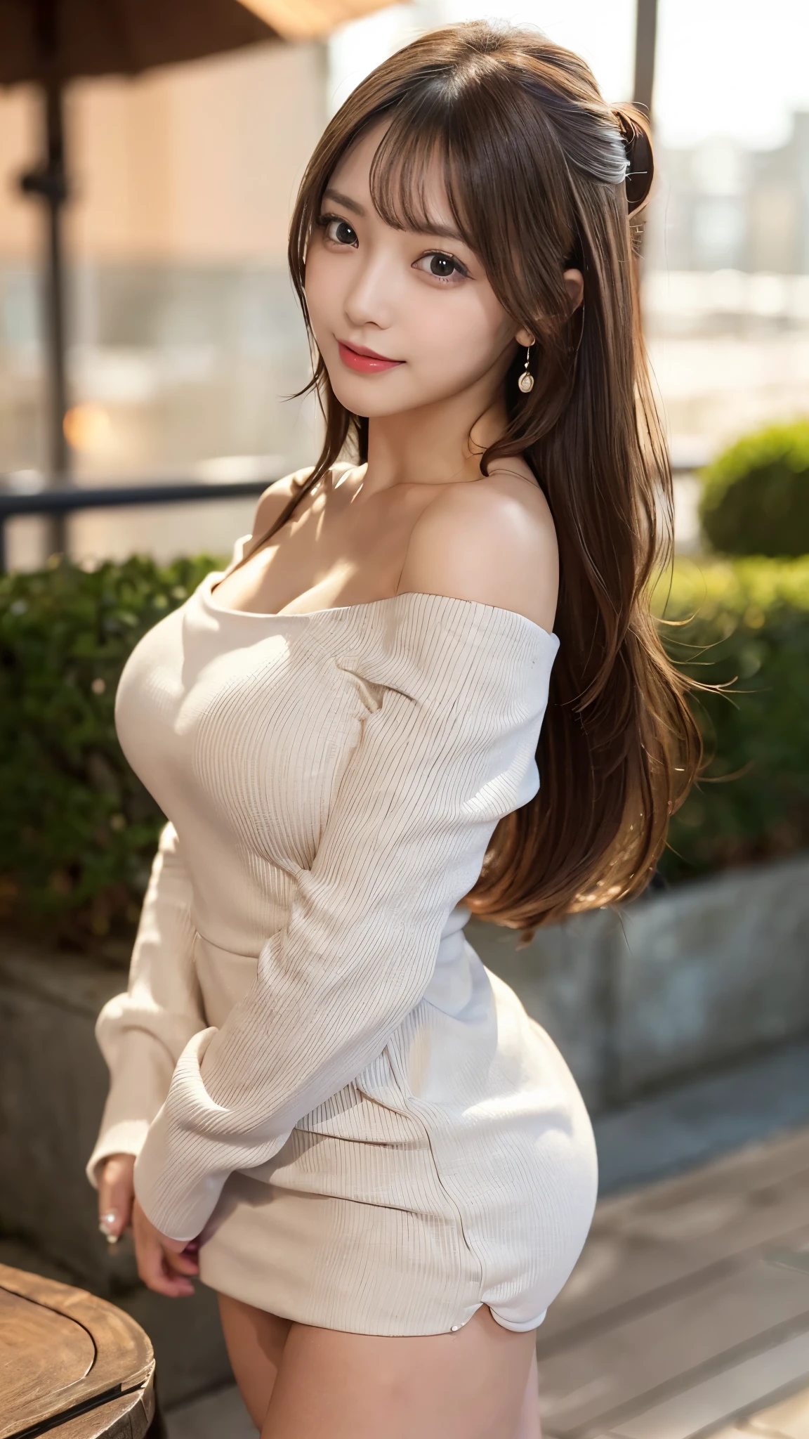 (Detailed skin:1.2),(Shiny skin:1.1),8k,Highest quality, masterpiece, Ultra-high resolution,(Realistic:1.4), RAW Photos,(Soft saturation:1),(Fair skin:1.2),(Succubus:1.2),Half-Japanese beauty,23 years old, （Light brown hair）,（Long Hair:1.３)),  (Pretty face:1.4), (Large Breasts, Tight waist,Big firm hips:1.2), ((Beautiful lighting:1.3)), ((Off the shoulder、Mini Dress:1.2)),(Highly detailed face, Highly detailed lips, fine grain, double eyelid,Highly detailed and evenly balanced eyes), （Sharp focus:1.2）, ((Full Body Shot)),（Perfect Anatomy:1.3),(Beautiful woman with perfect figure: 1.2）、((Random sexy poses:1.2))、Sharp Eyes,smile,（Seaside cottage）