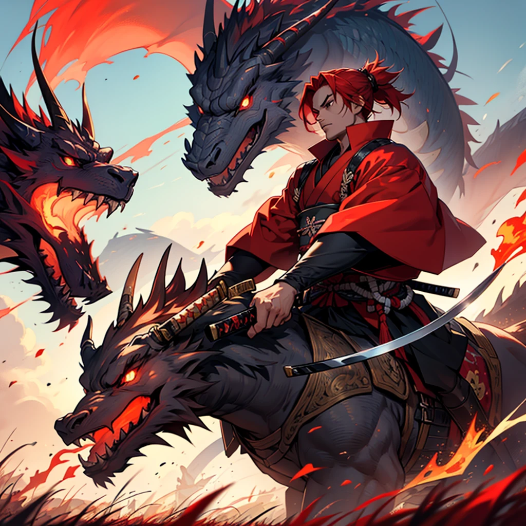 A samurai with red hair holds a katana and looks into the distance on a huge field with a flame dragon