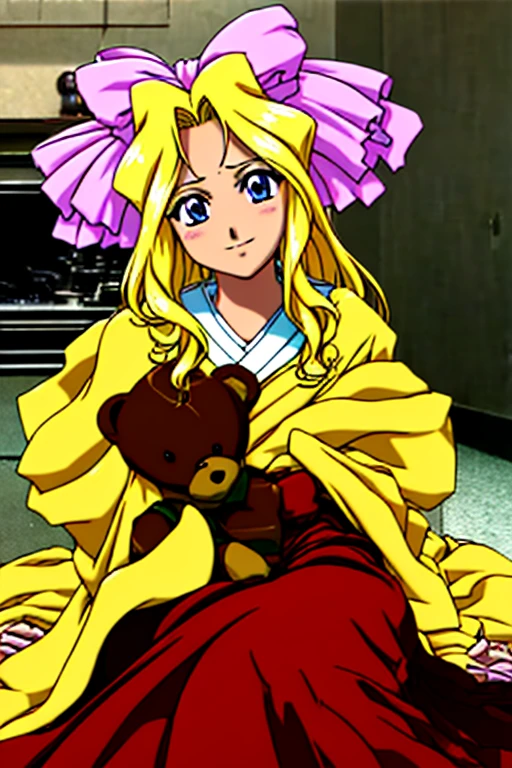 IrisChateaubriand、Blonde、Ribbon on head、(((kimono：Hakama)))、smile、(((I have a stuffed bear)))、Private room、(((Long Hair)))