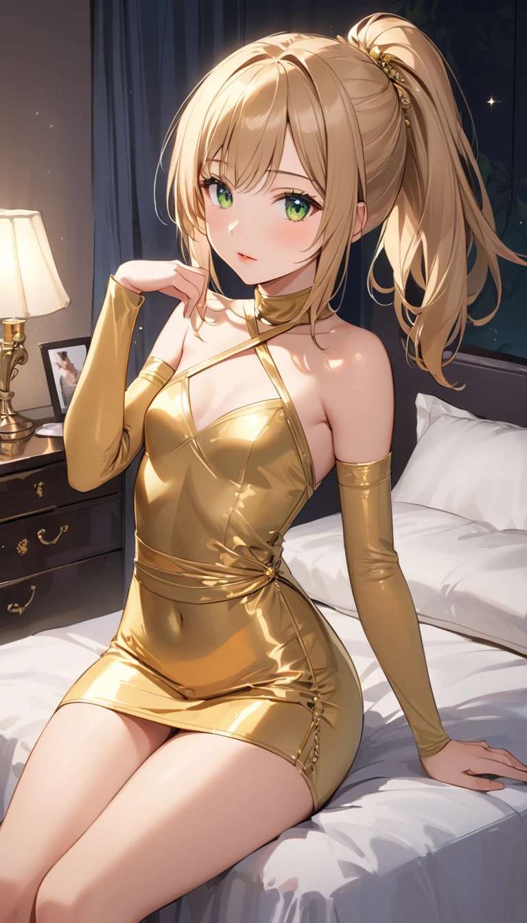 Beautiful 13y old girl with mid straight ponytail blonde hair with green eyes wearing Tight and Short Dress, Sexy Criss Cross Mock Neck Mid Sleeves Gold Dress, luxurious jewelry, 18k gold wedding ring on left hand, sitting on a chair, beside her bed, with her legs open, showing her pussy, in her bedroom at night, (caucasian skin), (light brown lipstick), (elegant mascara), (slim body), (small breasts), (wide hips), midjourney, <lora:GoodHands-, <lora:GoodLegs-, UHD, high resolution, (masterpiece:1.1, best quality), (expressive eyes, perfect face, full body, expressive face, perfect body, perfect pussy, athletic, fit, slim body, blushing, Perfect makeup, eyeliner, beautiful eyelashes, smiling, horny face), ((best illumination, best shadows)), ((sexy pose)), ((Front pov:1.7)), ((facing))