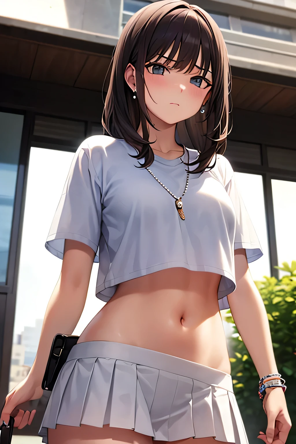 super fine illustration, vibrant colors, masterpiece, sharp focus, best quality, depth of field, cinematic lighting, ultra detailed, crop top, white shirt, short sleeves, white pleated skirt, navel, belly button, tummy, wide hips, 1 girl, solo, milf, very messy hair, slender, blush, annoyed, mature female, tall woman, looking down, small breasts, stomach, purse, street, city, bangle, earring, pearl necklace
