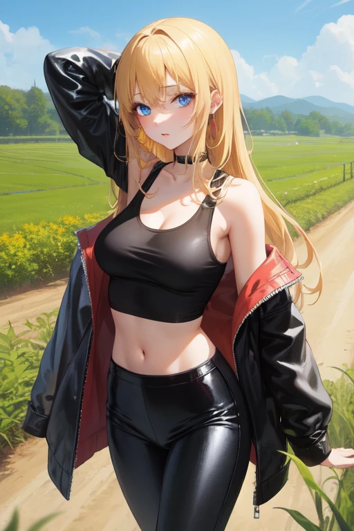 creates a 25-year-old anime girl with tight black leather pants and a red tank top, blonde hair with blue eyes in a farm landscape