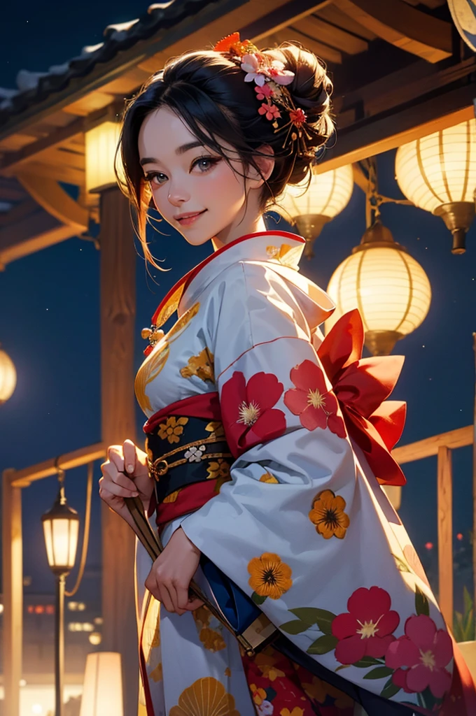 A beautiful woman wearing a gorgeously patterned kimono welcoming people with a smile at night