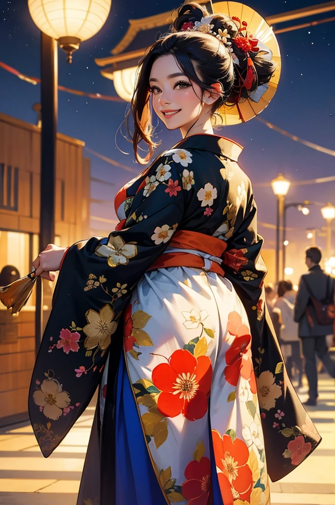 A beautiful woman wearing a gorgeously patterned kimono welcoming people with a smile at night