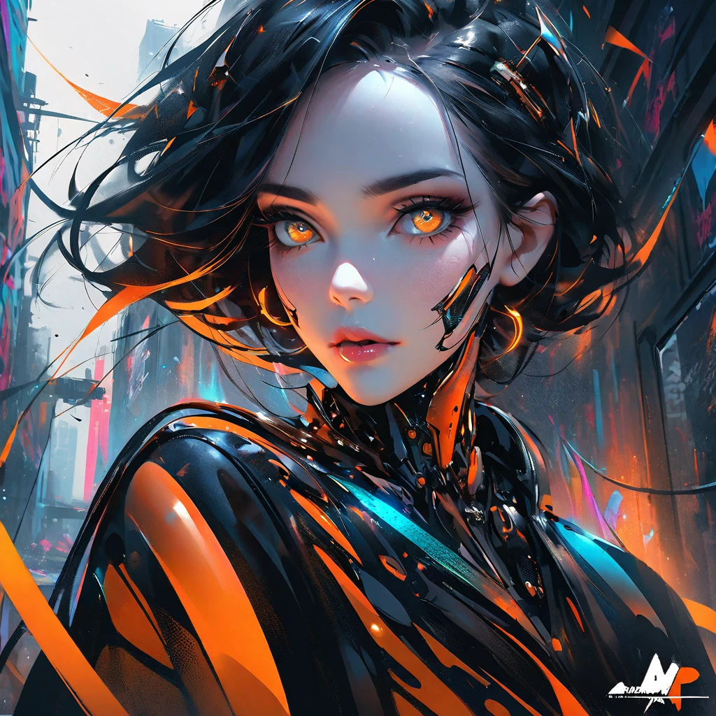 A stunning, hyper-realistic painting of a beautiful female cyborg in an orange and black outfit, showcasing intricate mechanical body parts, and adorned with a stylish jacket. Her black hair flows gracefully, and she gazes captivatingly at the viewer with her large, expressive eyes. The background features a futuristic cityscape with graffiti-covered walls and a large window that frames the cyborg perfectly. The artwork is rendered in the distinctive style of renowned artists like Russ Mills, Sakimichan, and Wlop, with white highlights, half-tone shading, and delicate details. The composition is a masterpiece of surrealism, inkpunk minimalism, and sensuality, displaying the cyborg's alluring features and iridescent, luminescent scales., painting, graffiti