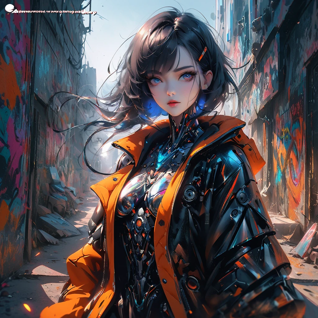 A stunning, hyper-realistic painting of a beautiful female cyborg in an orange and black outfit, showcasing intricate mechanical body parts, and adorned with a stylish jacket. Her black hair flows gracefully, and she gazes captivatingly at the viewer with her large, expressive eyes. The background features a futuristic cityscape with graffiti-covered walls and a large window that frames the cyborg perfectly. The artwork is rendered in the distinctive style of renowned artists like Russ Mills, Sakimichan, and Wlop, with white highlights, half-tone shading, and delicate details. The composition is a masterpiece of surrealism, inkpunk minimalism, and sensuality, displaying the cyborg's alluring features and iridescent, luminescent scales., painting, graffiti