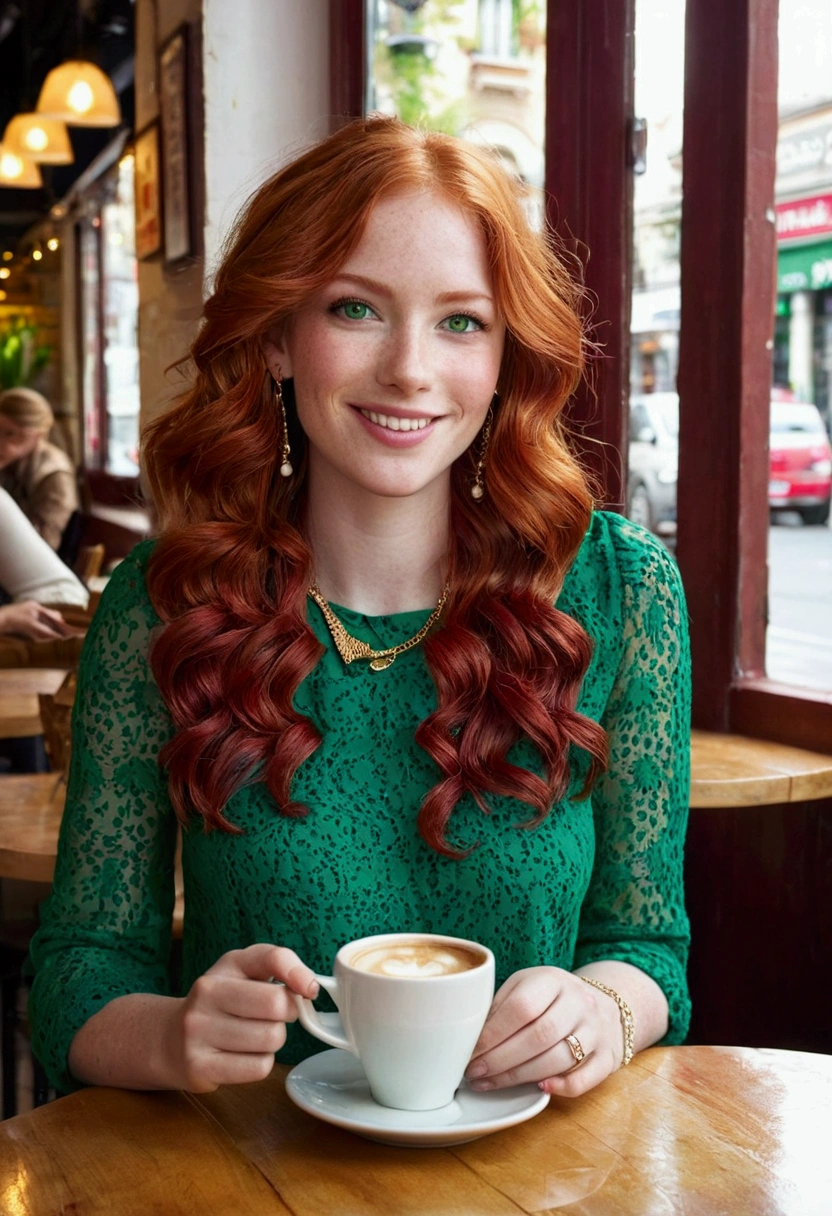 Create a realistic image of a young woman in her 20s, with vibrant, wavy red hair. She must have fair skin. your look is captivating, with bright green eyes that convey confidence and friendliness. The young woman is in a charming cafe in Europe, drinking a cup of coffee and smiling. She wears a stylish blouse and uses delicate accessories, like small earrings and a thin chain around your neck. The surrounding environment must be welcoming, with wooden tables, Stylish decor and windows showing street views. Lighting should be soft, highlighting its natural beauty and vibrant café atmosphere