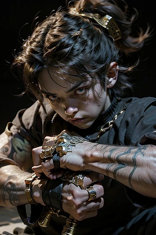 Hachira Demon Slayer man using brass knuckles on his fists 