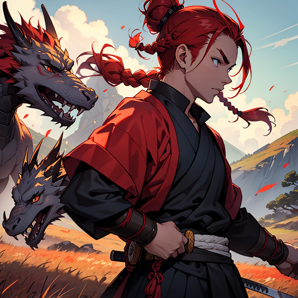 A samurai with red hair braided in a bun holds a katana and looks into the distance on a huge field with a fiery dragon