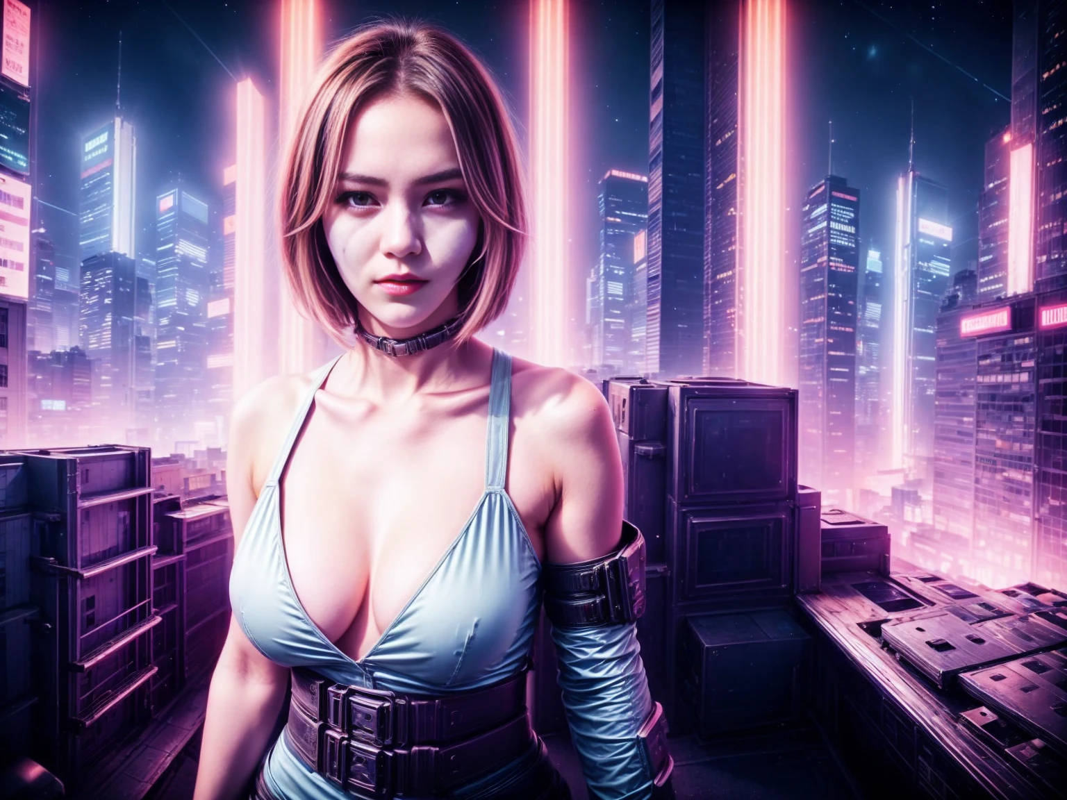 A beautiful European girl, on the roof of cyberpunk building, half of the face is hidden by the cyber mask