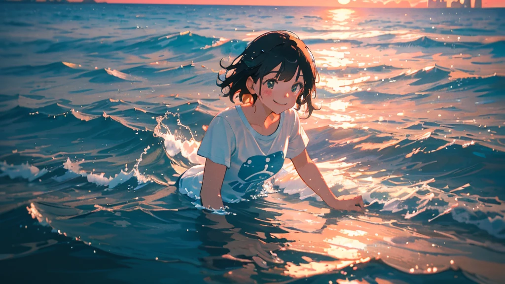 {best quality}, {very aesthetic}, {ultra-detailed}, {8k}, {Super elaborate face}, {Super-smart body}, {best illustration}, Mature face, 20-year-old woman, (swim under the sea), (In the water), Midsummer Seafloor, Ocean floor at dusk, smile, 夕日が刺し込むIn the water, T-Shirts, Sand on the seabed, Soft Light, Coral Reef, full body view, flat chest, Orange sunset, Black Hair,