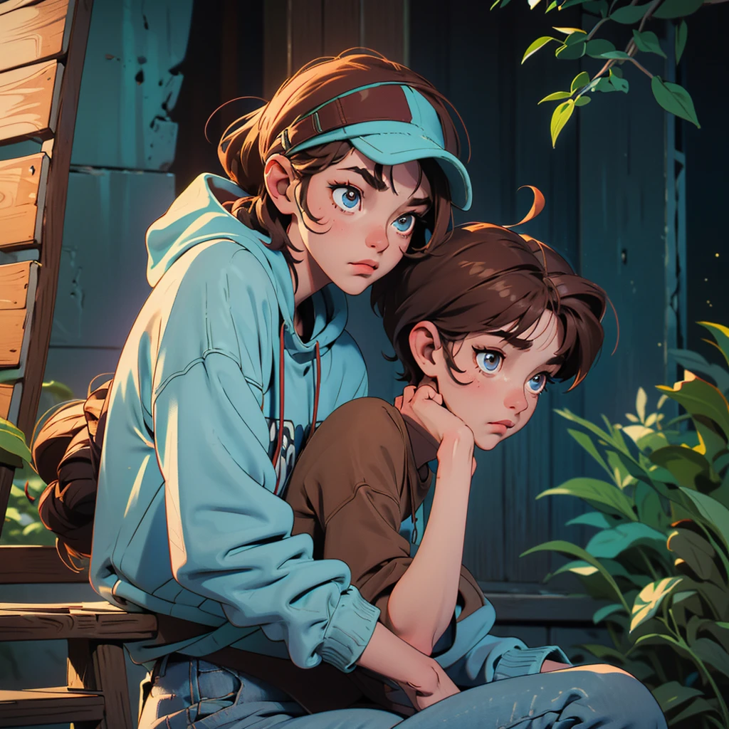 Create a character of a boy in a cartoon, lofi style, with the following characteristics:
Age:
Hair: Messy, medium-length hair with bangs that fall over the forehead. Brown color.
Eyes: Large, expressive eyes, with a touch of melancholy. Brown color.
Clothing: A basic t-shirt with a sweatshirt, jeans or sweatpants, and comfortable sneakers. A light blue hat or cap.
Accessories: Large, over-ear headphones in a soft color like light blue or mint green. A worn-out backpack with some stickers or keychains.
Pose: Lucas should be sitting in a rocking chair on the porch of a cabin, playing the guitar and looking at the surrounding forest.