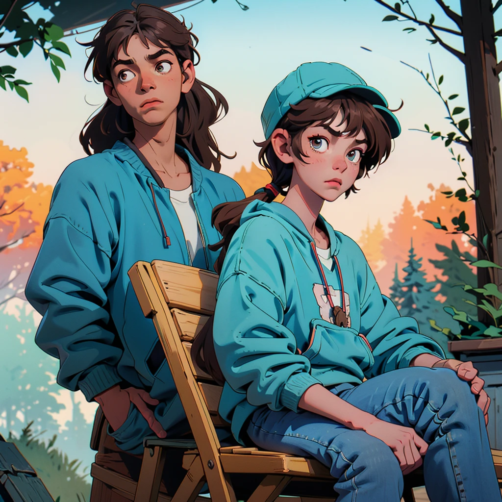 Create a character of a boy in a cartoon, lofi style, with the following characteristics:

 Age: 16 years old
 Hair: Messy, medium-length hair with bangs that fall over the forehead. Brown color.
 Eyes: Large, expressive eyes, with a touch of melancholy. Brown color.
 Clothing: A basic t-shirt with a sweatshirt, jeans or sweatpants, and comfortable sneakers. A light blue hat or cap.
 Accessories: Large, over-ear headphones in a soft color like light blue or mint green. A worn-out backpack with some stickers or keychains.
 Pose: Lucas should be sitting in a rocking chair on the porch of a cabin, playing the guitar and looking at the surrounding forest.