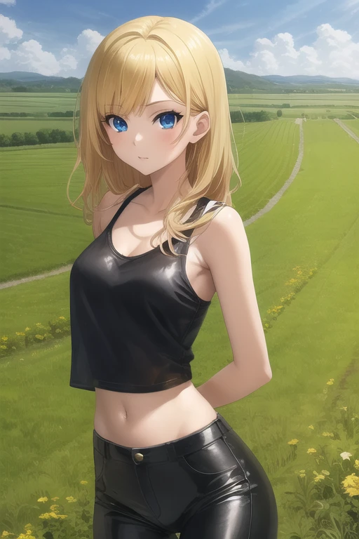 creates a 25-year-old anime girl with tight black leather pants and a red tank top, blonde hair with blue eyes in a farm landscape