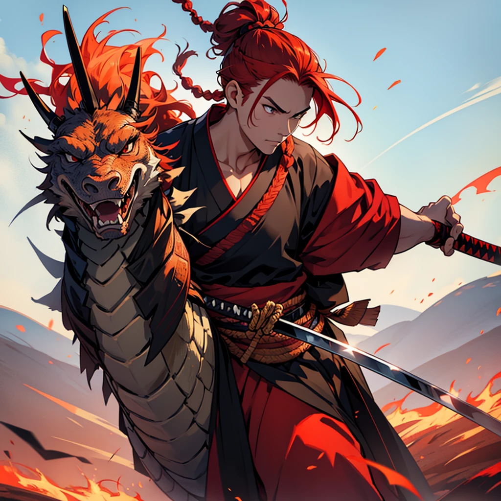 A samurai with red hair braided in a bun holds a katana and looks into the distance on a huge field with a fiery dragon