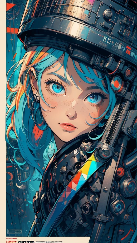 (((masterpiece, highest quality))),(((solo:1.2))),(((1girl:1.2))),32k wallpaper, very detailed, poster, vintage science fiction,(((((geometric cinematic movie poster))))), (bauhaus), shape,(((abstract))),(mid century modern),movie poster,(((((portfolio))))),(((((Close-up))))),(((((bust up))))),((((more various angle)))),(((highlight))),Vast landscape,((((heterochromia)))),(((complete. detailed face))),(((Extremely talented))),(((((most complecated machine))))),Colorful color scheme,(Cleavage),(((((unlimited mechanic Workaholic)))))