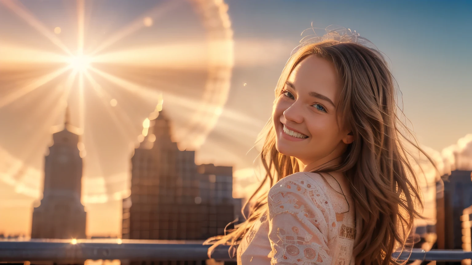 masterpiece:1.2 - (best quality) (detailed) (intricate) (8k) (HDR) (wallpaper) (cinematic lighting) (sharp focus),1girl, city, real_world_location, HD melissa sue anderson, smiling, smile happy, 20 years old girl, break, upper body, closeup, break, Three suns phenomenon