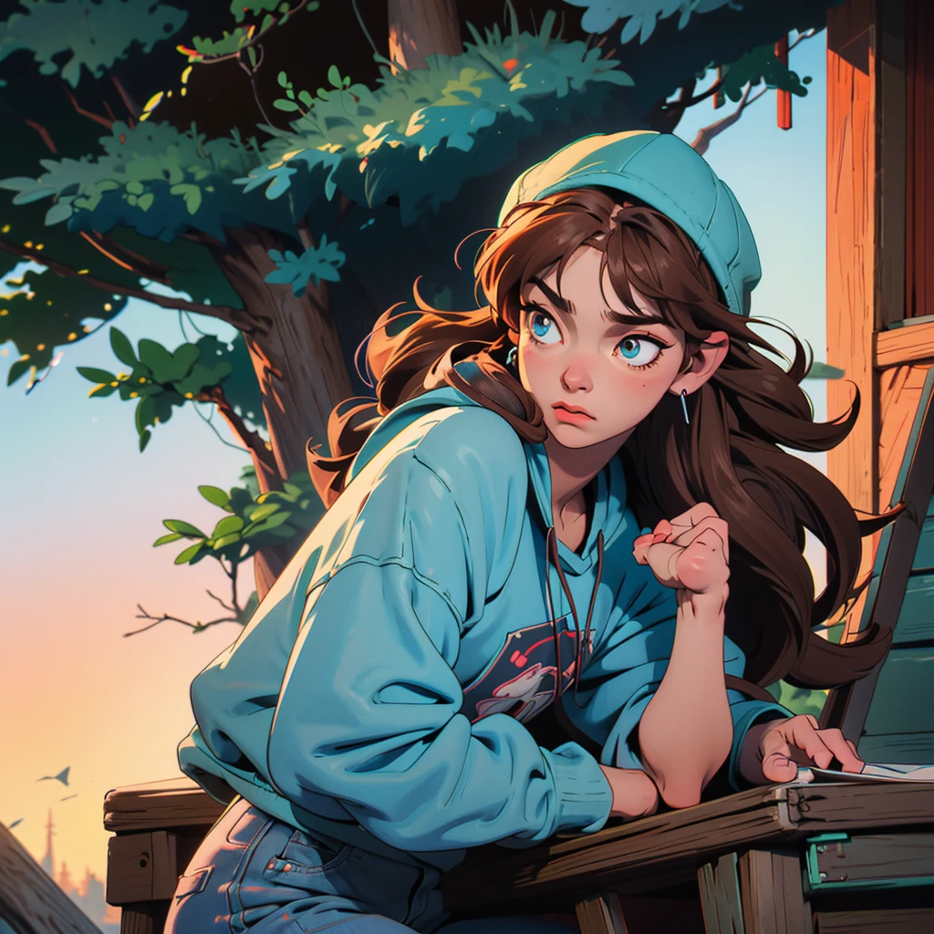 Create a character of a boy in a cartoon, lofi style, with the following characteristics:
Age:
Hair: Messy, medium-length hair with bangs that fall over the forehead. Brown color.
Eyes: Large, expressive eyes, with a touch of melancholy. Brown color.
Clothing: A basic t-shirt with a sweatshirt, jeans or sweatpants, and comfortable sneakers. A light blue hat or cap.
Accessories: Large, over-ear headphones in a soft color like light blue or mint green. A worn-out backpack with some stickers or keychains.
Pose: Lucas should be sitting in a rocking chair on the porch of a cabin, playing the guitar and looking at the surrounding forest.