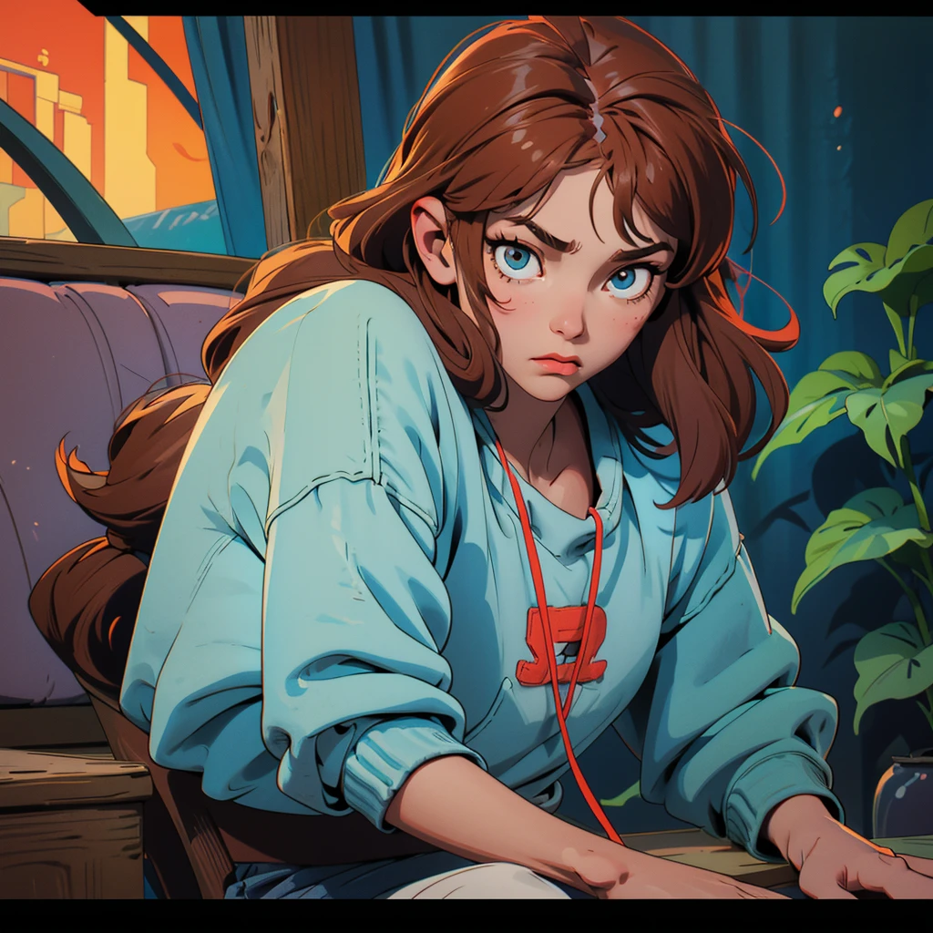 Create a character of a boy in a cartoon, lofi style, with the following characteristics:
Age:
Hair: Messy, medium-length hair with bangs that fall over the forehead. Brown color.
Eyes: Large, expressive eyes, with a touch of melancholy. Brown color.
Clothing: A basic t-shirt with a sweatshirt, jeans or sweatpants, and comfortable sneakers. A light blue hat or cap.
Accessories: Large, over-ear headphones in a soft color like light blue or mint green. A worn-out backpack with some stickers or keychains.
Pose: Lucas should be sitting in a rocking chair on the porch of a cabin, playing the guitar and looking at the surrounding forest.