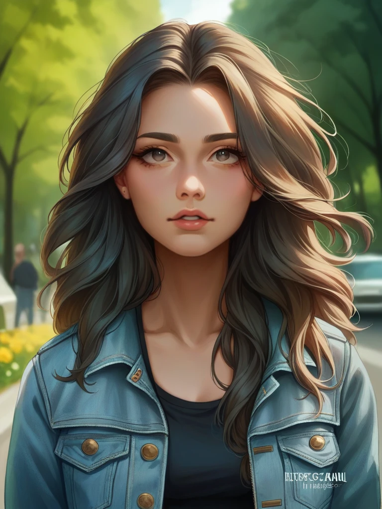 Create a realistic picture of a beautiful woman with long hair, black t-shirt, light blue denim jacket, black jeans, white sports shoes, was standing in the city park, face facing the camera, city park background and big trees on the side of the road and flowers, very real detail, best quality 