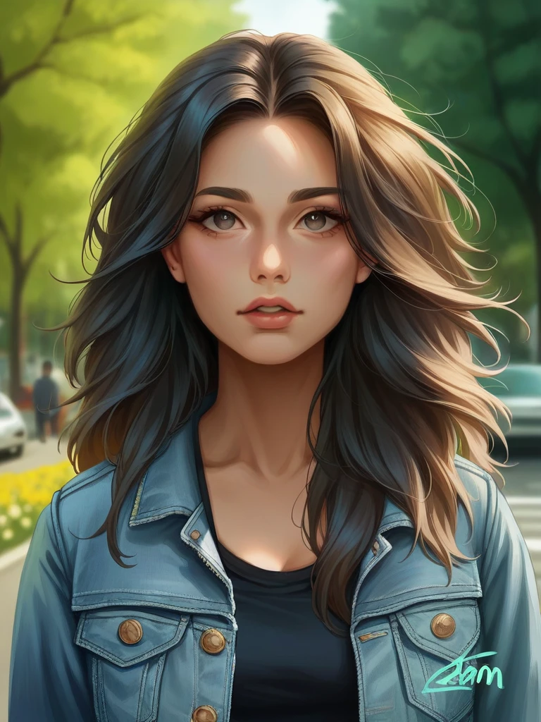 Create a realistic picture of a beautiful woman with long hair, black t-shirt, light blue denim jacket, black jeans, white sports shoes, was standing in the city park, face facing the camera, city park background and big trees on the side of the road and flowers, very real detail, best quality