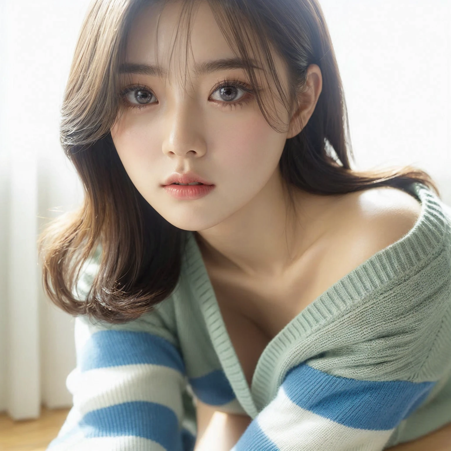 Create a realistic, UHD, 8K visual of a young korean woman, slightly overweight, full body Esbian, light green with blue vertical strip sweater, Kneeling, sitting down on the floor, extremely delicate face, Detailed eyes, very intricate, perfect glossy shiny skins, Perfect Lighting, Detailed Lighting, Dramatic shadows, Ray tracing,