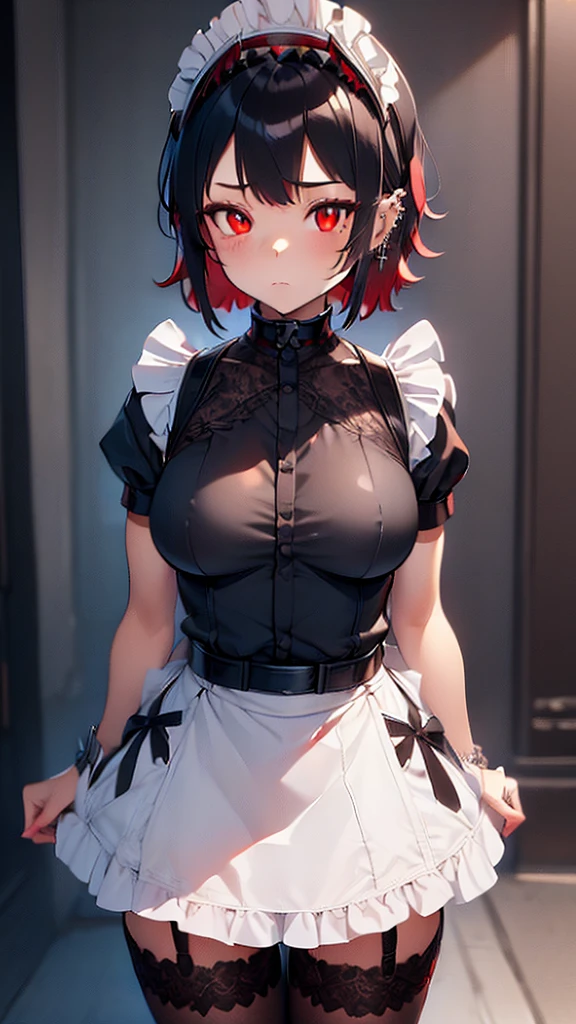 (((masterpiece,Highest Resolution,4K High Resolution,Crisp image quality:1.3)Pussy juice(Detailed Hair,garter belt,(An eye is a heart)alone,One Girl(Large Breasts)Ellen Joe,Zenless Zone Zero,Alternative costumes ,Maid, Shark Tail, short hair,,Versatile redhead,, Wrist cuff, Maidheaddress,Versatile redhead, (Red eyes:1.3),, Two-tone hair,, ear piercing,