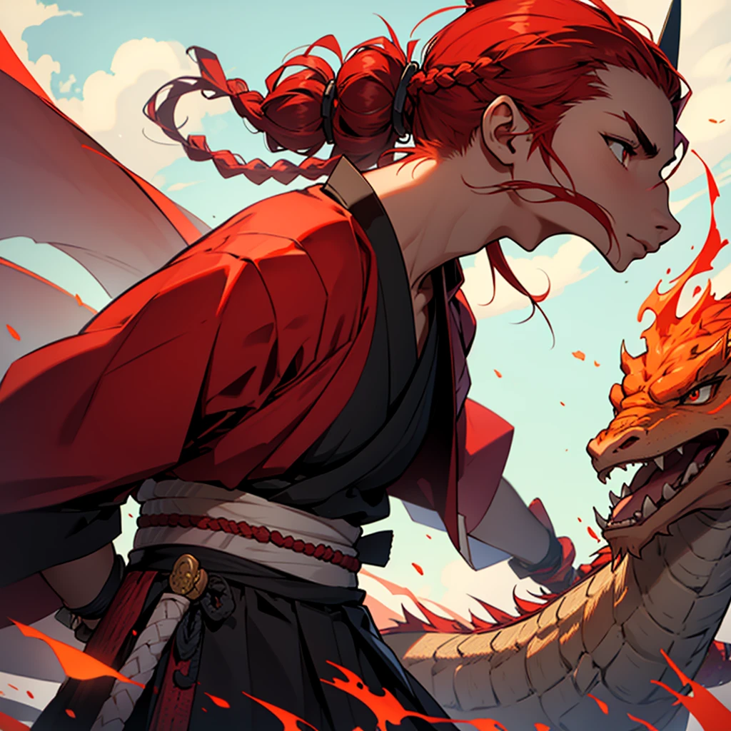 A samurai with red hair braided in a bun holds a katana and looks into the distance on a huge field with a fiery dragon