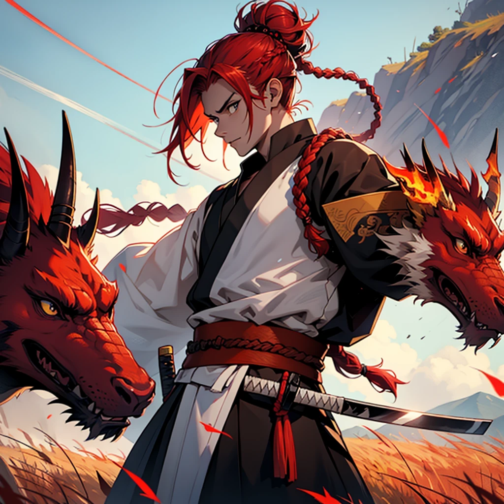 A samurai with red hair braided in a bun holds a katana and looks into the distance on a huge field with a fiery dragon