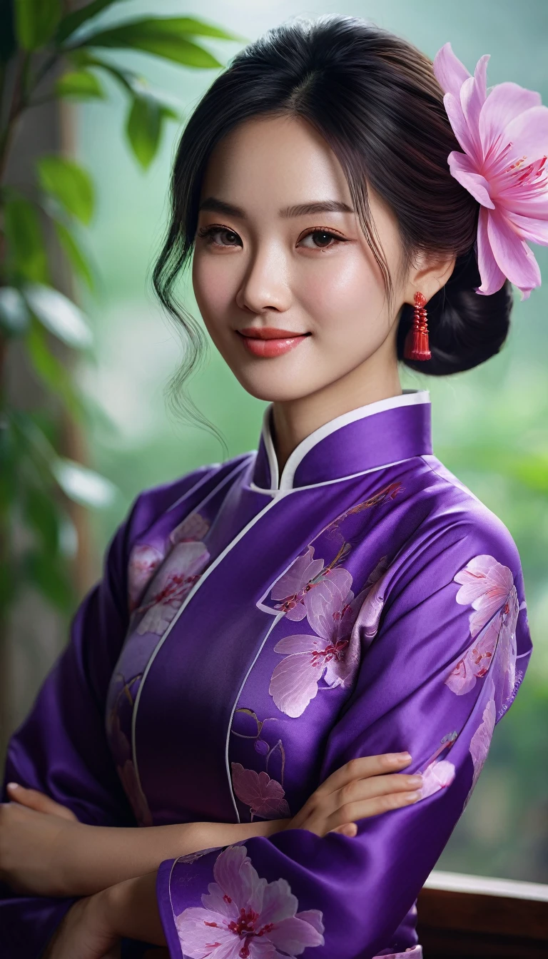 1girl, purple aodai, photo art, (flower), stunning photo with beautiful saturation, very high resolution,(realistic:1.4)), deep shadows,(best quality, masterpiece), pale skin, low lighting, shade, confused, blush cheeks, highly detailed, thin, BREAK depth of field, film grain, wrinkled skin, looking at viewer, knees, warm smile, (upper body), masterpiece, highly realistic, 32k, highly detailed 8k unity CG wallpaper, best quality
