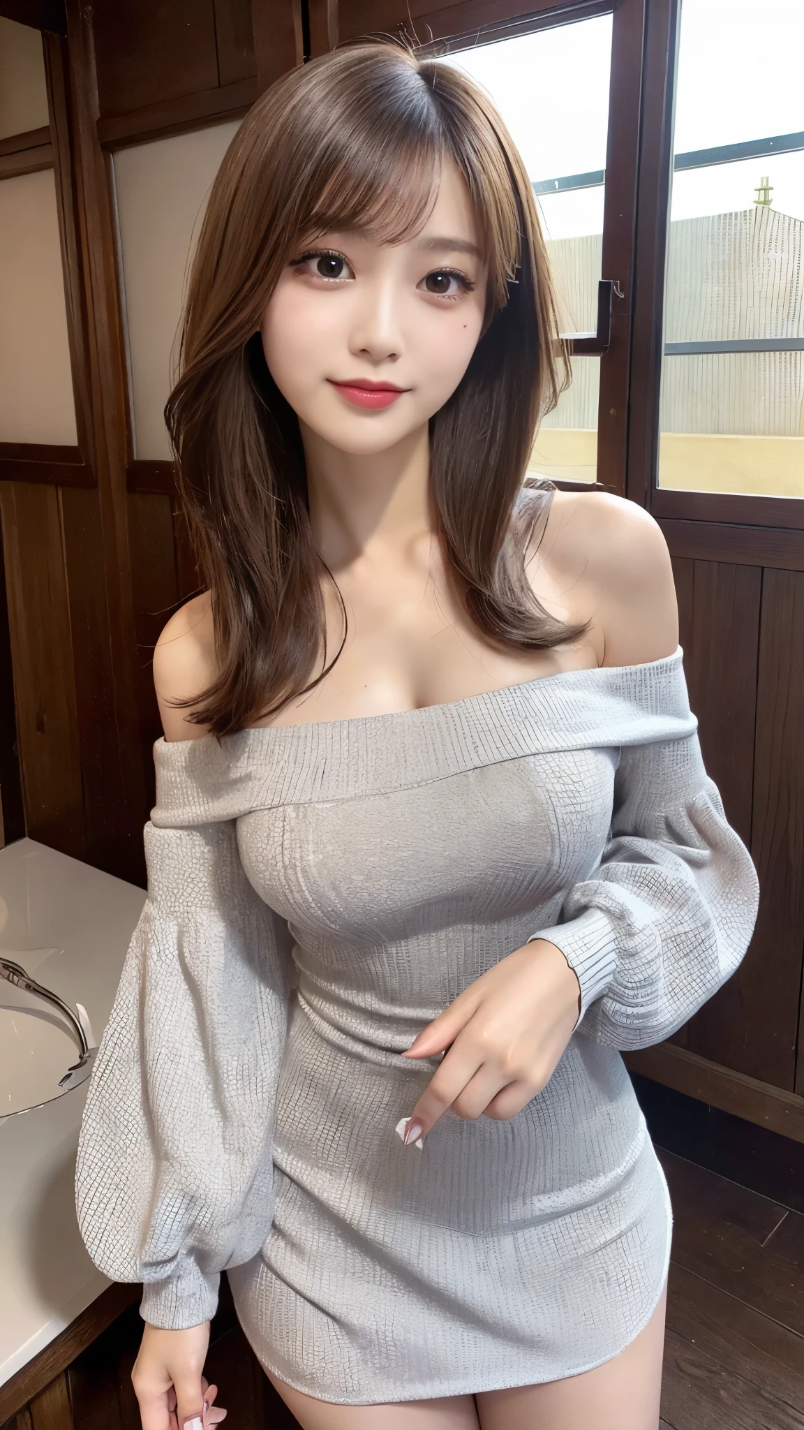 (Detailed skin:1.2),(Shiny skin:1.1),8k,Highest quality, masterpiece, Ultra-high resolution,(Realistic:1.4), RAW Photos,(Soft saturation:1),(Fair skin:1.2),(Succubus:1.2),Half-Japanese beauty,23 years old, (Light brown hair),(Long Hair:1.3)), (Pretty face:1.4), (Large Breasts, Tight waist,Big firm hips:1.2), ((Beautiful lighting:1.3)), ((Off the shoulder、Mini Dress:1.2)),(Highly detailed face, Highly detailed lips, fine grain, double eyelid,Highly detailed and evenly balanced eyes), (Sharp focus:1.2), ((Full Body Shot)),(Perfect Anatomy:1.3),(Beautiful woman with perfect figure: 1.2)、((Random sexy poses:1.2))、Sharp Eyes,smile,(Seaside cottage)