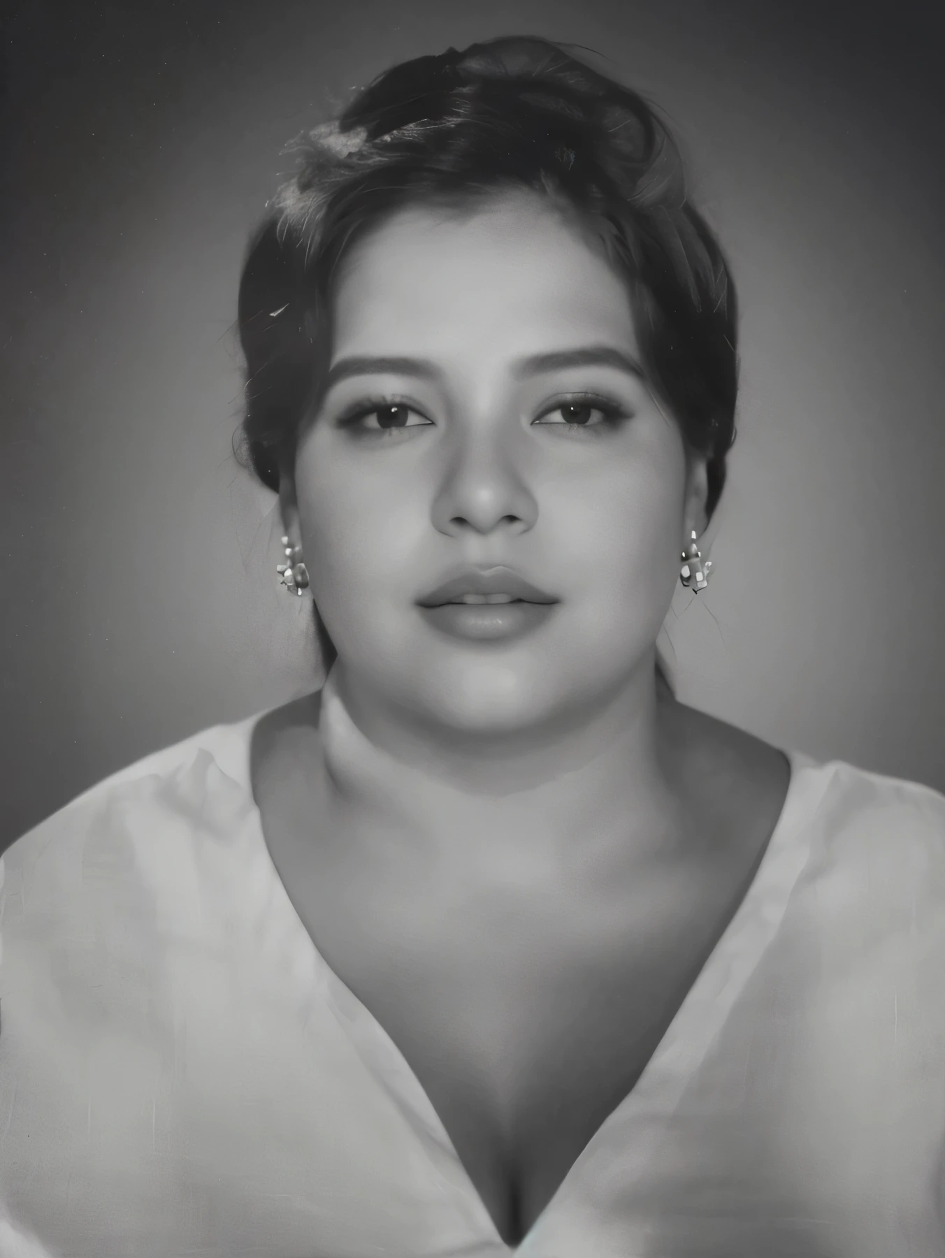 A close-up of a woman wearing a white shirt and earrings, inspired by María Helena Vieira da Silva, inspired by Antônio Parreiras, by Nándor Katona, a portrait of a plump woman, inspired by Amelia Peláez, realistic photo, by Amelia Peláez, portrait of lumastina celeraria