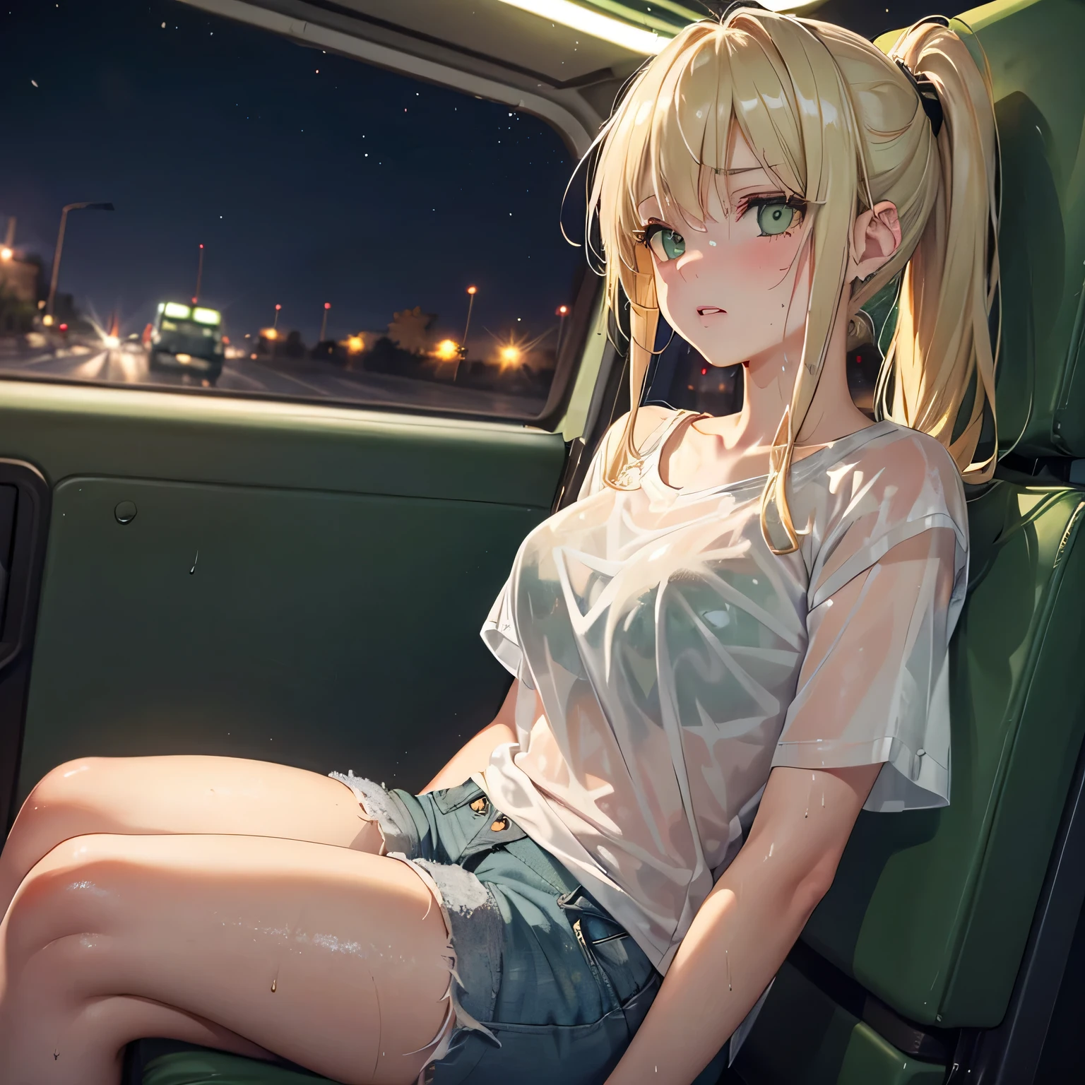 sad upset soaking wet girl, full lips, large green eyes, soaking wet blonde high ponytail, soaking white plain white see-through t-shirt, jean shorts, (sitting in the passenger seat of a truck cab: 1.4), (night outside: 1.2)