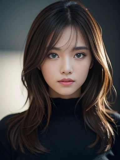 masterpiece, Highest quality, Very detailed, 複雑に詳細なSuper detailed, Realistic, Sharp features, Very detailed, Sharp focus, 19 years old, Perfect Face, Perfect symmetry, blue and delicate eyes, Perfect Plump Lips, Flexible female form, Cinematic, Super detailed, hyper Realistic, High resolution, Vibrant, Dynamic Studio Lighting, ((Dark Background)), Light brown hair, Messy Hair, Small breasts, Black sweater, Portraiture, head shot,
