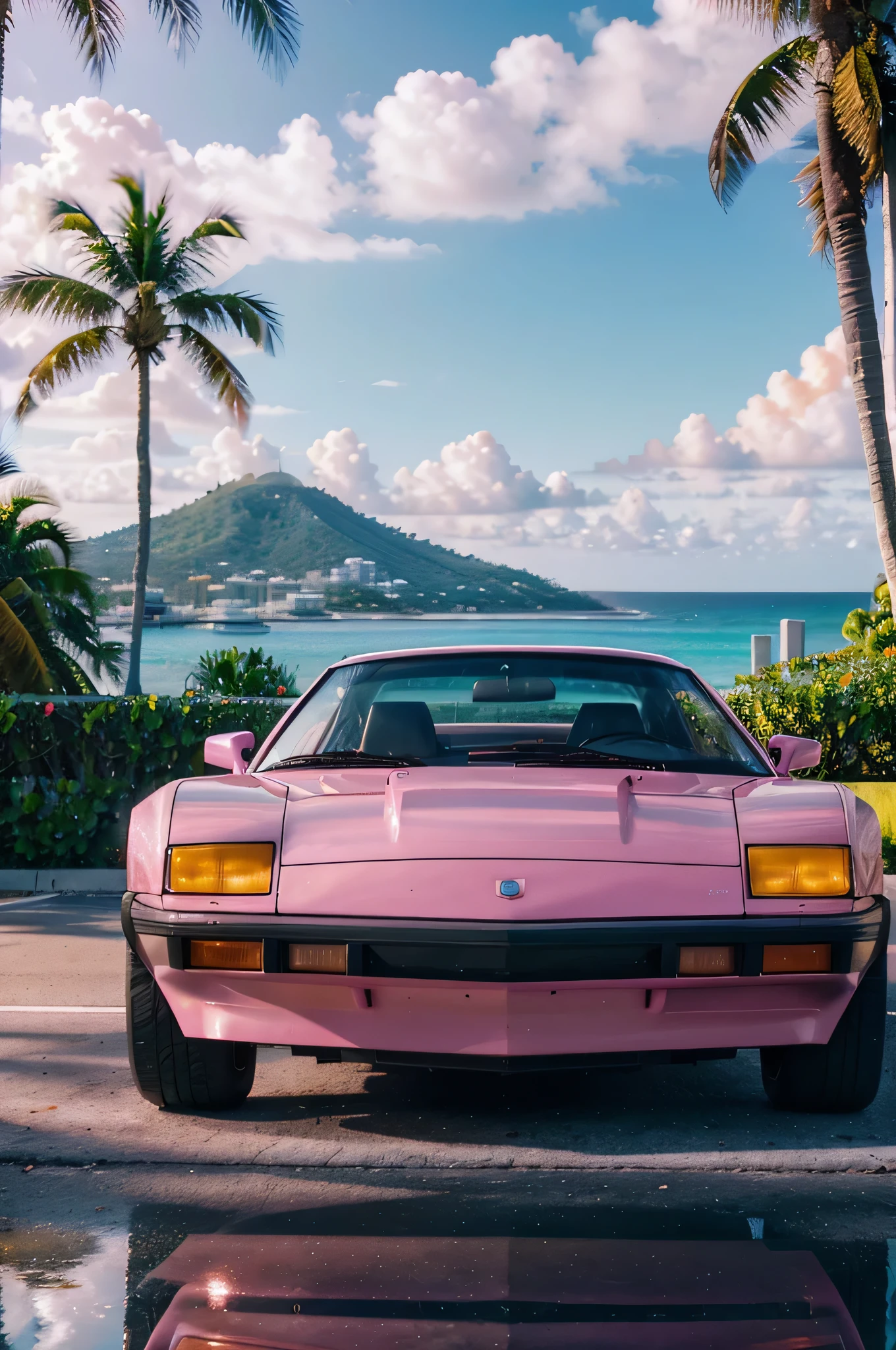 a pink 1980s sports car in miami, highly detailed, photorealistic, studio lighting, ultra-detailed, 8k, best quality, (masterpiece:1.2), dynamic composition, metallic paint, glossy finish, reflections, neon lights, palm trees, ocean in the background, sun-drenched, vibrant colors, synthwave, retrowave