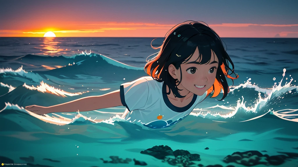 {best quality}, {very aesthetic}, {ultra-detailed}, {8k}, {Super elaborate face}, {Super-smart body}, {best illustration}, Mature face, 20-year-old woman, (swim under the sea), (deep sea), Midsummer Seafloor, Ocean floor at dusk, smile, Sunset shining through the water, T-Shirts, Sand on the seabed, Soft Light, Coral Reef, full body view, flat chest, Orange sunset, Black Hair,