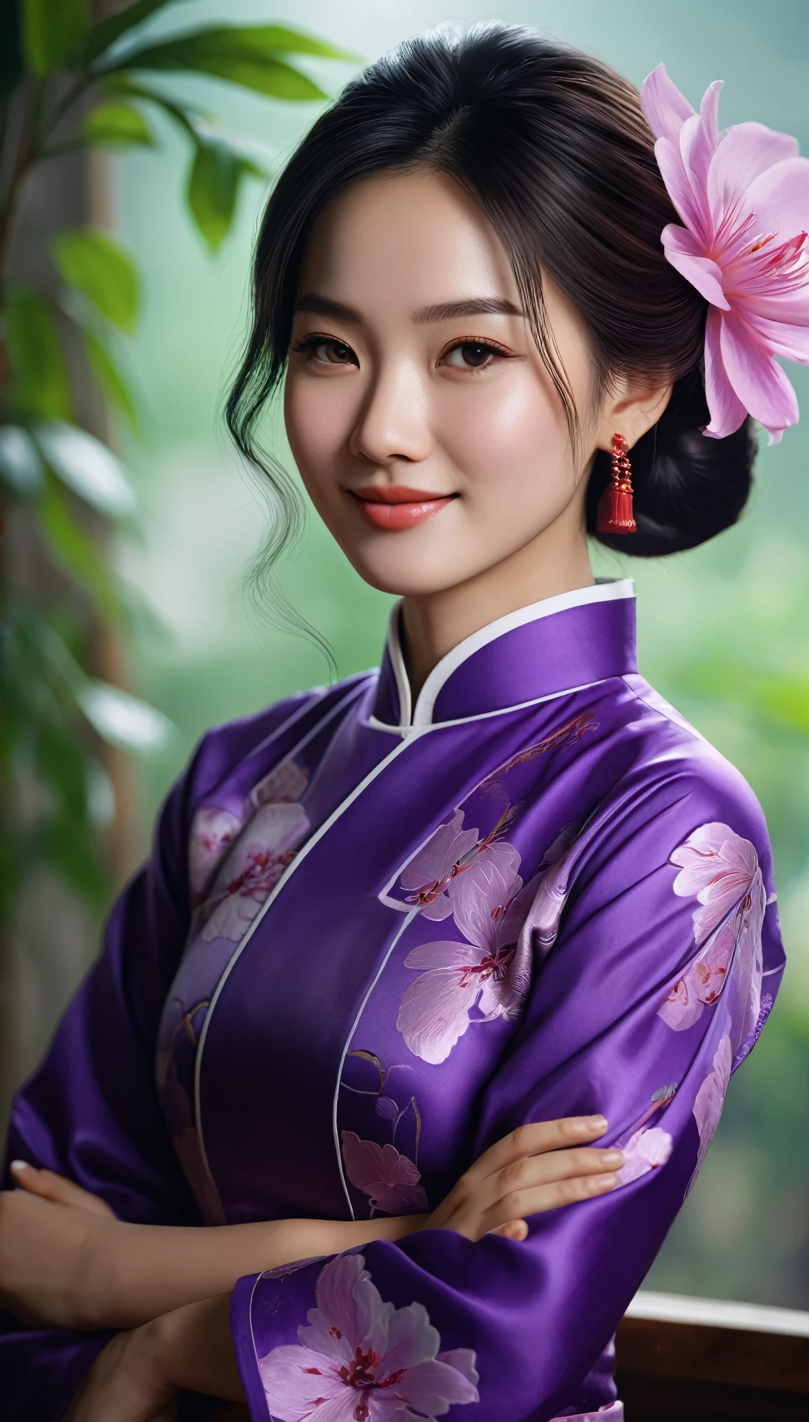 1girl, purple aodai, photo art, (flower), stunning photo with beautiful saturation, very high resolution,(realistic:1.4)), deep shadows,(best quality, masterpiece), pale skin, low lighting, shade, confused, blush cheeks, highly detailed, thin, BREAK depth of field, film grain, wrinkled skin, looking at viewer, knees, warm smile, (upper body), masterpiece, highly realistic, 32k, highly detailed 8k unity CG wallpaper, best quality