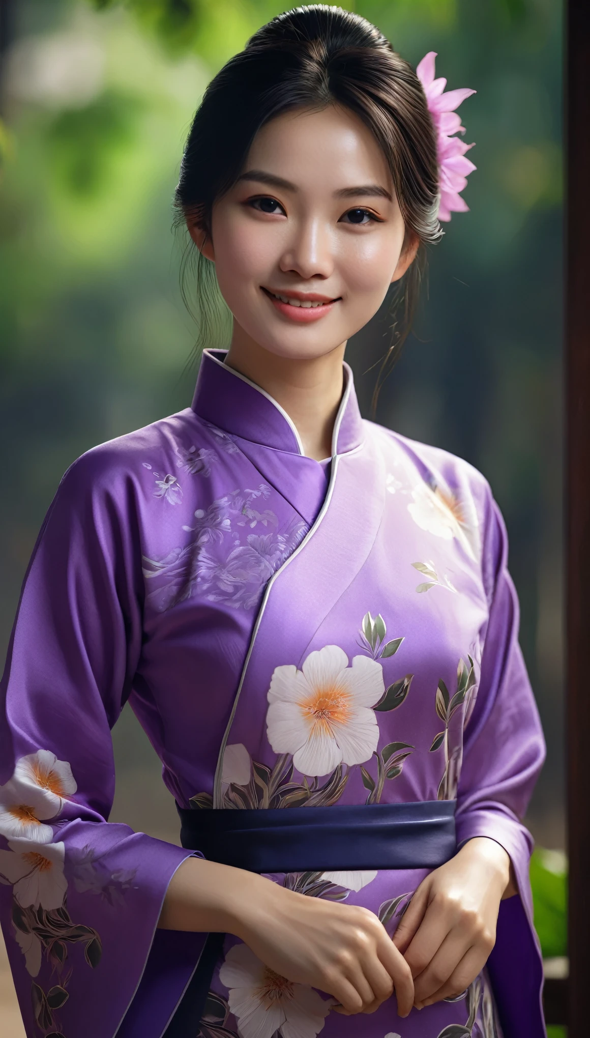1girl, purple aodai, photo art, (flower), stunning photo with beautiful saturation, very high resolution,(realistic:1.4)), deep shadows,(best quality, masterpiece), pale skin, low lighting, shade, confused, blush cheeks, highly detailed, thin, BREAK depth of field, film grain, wrinkled skin, looking at viewer, knees, warm smile, (upper body), masterpiece, highly realistic, 32k, highly detailed 8k unity CG wallpaper, best quality