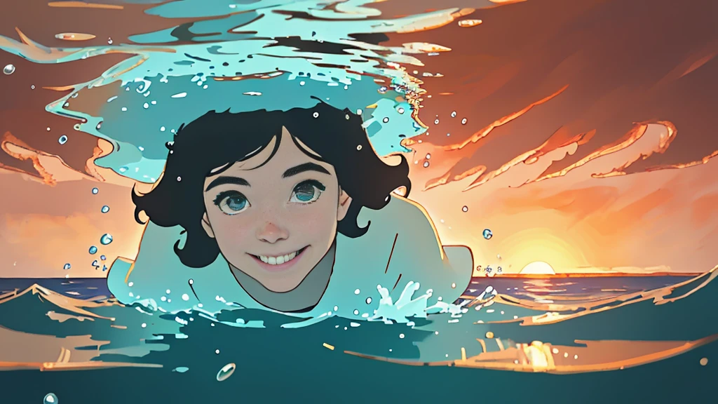 {best quality}, {very aesthetic}, {ultra-detailed}, {8k}, {Super elaborate face}, {Super-smart body}, {best illustration},　Mature face, 20-year-old woman, (swim under the sea), (deep sea), Midsummer Seafloor, Ocean floor at dusk, smile, Sunset shining through the water, T-Shirts, Sand on the seabed, Soft Light,　Coral Reef, full body view, flat chest, Orange sunset, Black Hair,