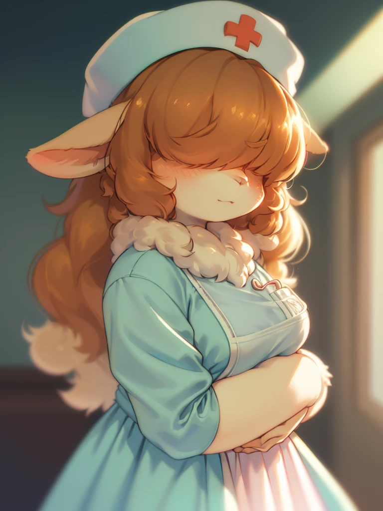 (Sumilux f1.4 50mm , low Latitude old color negative film , cross process , bokeh, flare, chromatic aberration , soft focus, (Shallow focus) , soft glow , Maximum aperture, High Key , Transparent depiction) , focus face , sheep mom nurse , (Woolly hair over eyes) , in the hospital , Nursing uniform , portrait photo , curtsey