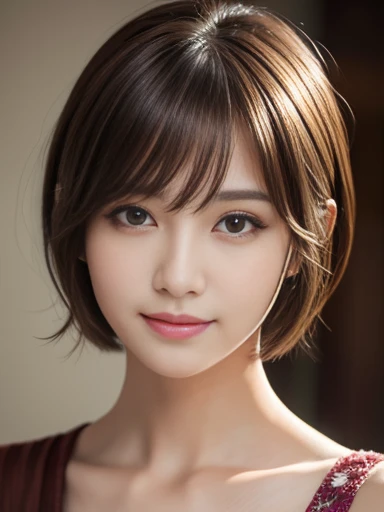 masterpiece, Highest quality, Very detailed, 複雑に詳細なSuper detailed, Realistic, Sharp features, Very detailed, Sharp focus, 15 years old, Perfect Face, Perfect Face, Perfect symmetrical perfect eyes, Perfect Plump Lips, Flexible female form, Film Light, Super detailed, hyper Realistic, High resolution, Vibrant, Dynamic Studio Lighting, short hair, Brown Hair, Shoulder-length layered, Asymmetrical bangs, Brown eyes, (Impish Smile:1.2), Cowboy Shot,