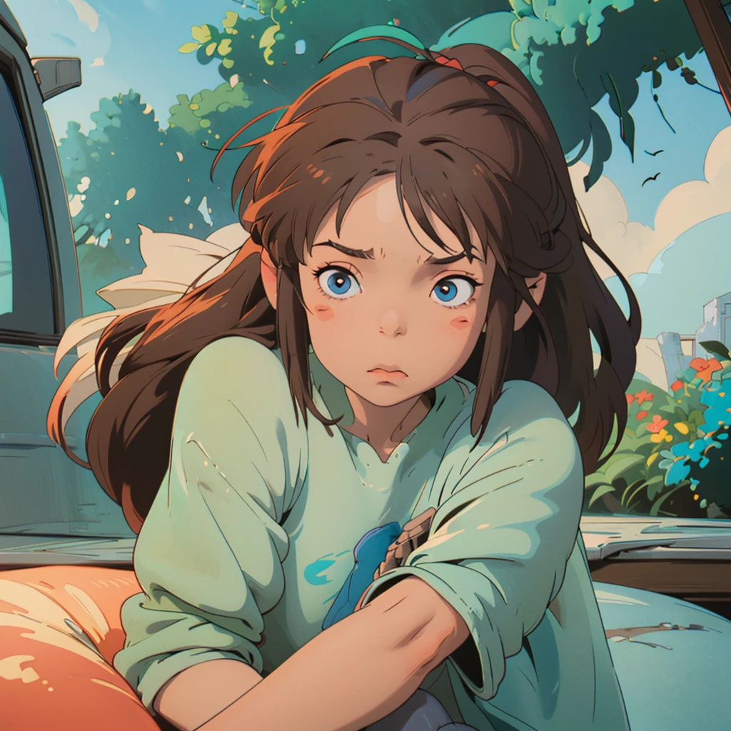 Create a character of a boy in a cartoon, lofi style, with the following characteristics:

 Age: 16 years old
 Hair: Messy, medium-length hair with bangs that fall over the forehead. Brown color.
 Eyes: Large, expressive eyes, with a touch of melancholy. Brown color.
 Clothing: A basic t-shirt with a sweatshirt, jeans or sweatpants, and comfortable sneakers. A light blue hat or cap.
 Accessories: Large, over-ear headphones in a soft color like light blue or mint green. A worn-out backpack with some stickers or keychains.
 Pose: Lucas should be sitting in a rocking chair on the porch of a cabin, playing the guitar and looking at the surrounding forest.