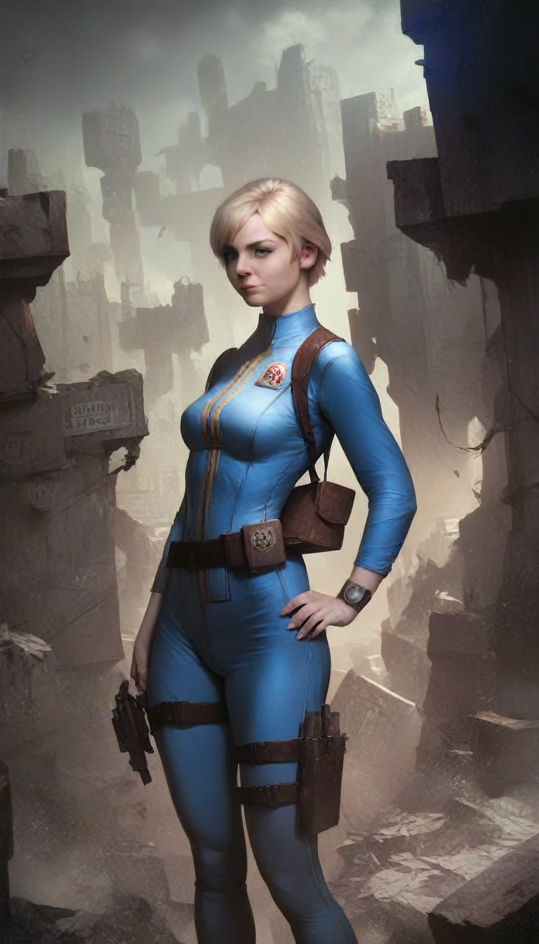 1girl, Sherry Birkin (Resident Evil 6), blonde hair, short hair, vault jumpsuit from fallout 4, long sleeves, holster, standing, city ruins background, ((high resolution, masterpiece, highres, photorealistic, perfect face, perfect ilumination))