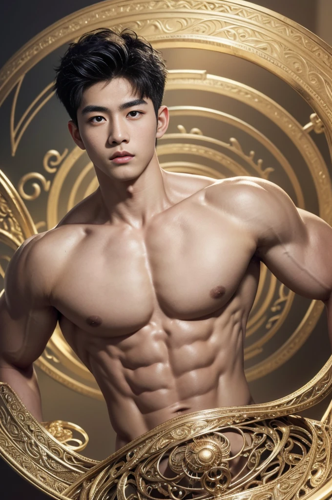 Mind control, hypnotic spiral, (masterpiece, ultra quality, high resolution, 8k, intricate: 1.2), (detailed face:1.2), handsome, Young Korean man, white skin, double eyelids, detailed skin, 1boy, ((realistic)), abs, good lighting quality, muscle veins, ((pale skin)), side view, face, (hypnotic), (viewer pop:1.3), full body shot,