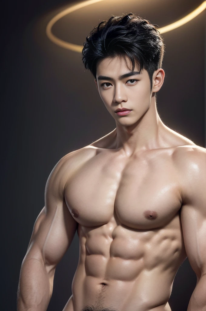 Mind control, hypnotic spiral, (masterpiece, ultra quality, high resolution, 8k, intricate: 1.2), (detailed face:1.2), handsome, Young Korean man, white skin, double eyelids, detailed skin, 1boy, ((realistic)), abs, good lighting quality, muscle veins, ((pale skin)), side view, lust face, (hypnotic), (viewer pop:1.3), full body shot,