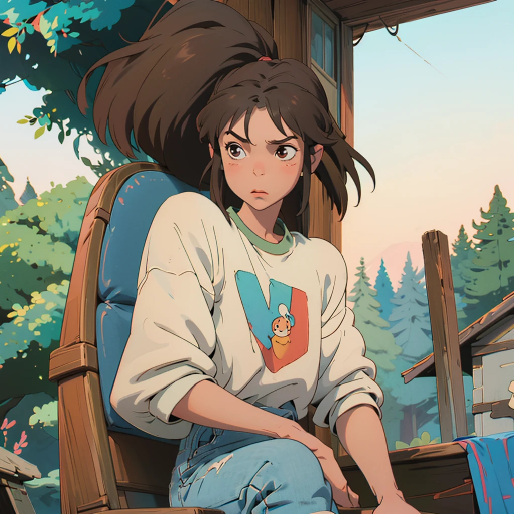 Create a character of a boy in a cartoon, lofi style. He must be 16 years old, with messy brown hair and expressive brown eyes. He's wearing a basic t-shirt, sweatshirt, jeans, and comfortable sneakers. He wears large, light blue headphones. The boy is sitting in a rocking chair on the porch of a cozy cabin, playing the guitar and looking at the surrounding forest. The image should convey tranquility and warmth.